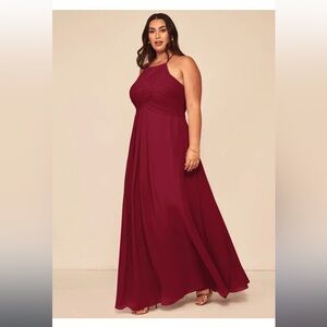 AZAZIE GINGER Burgundy A-Line Halter Pleated Chiffon Bridesmaids Dress NWT
